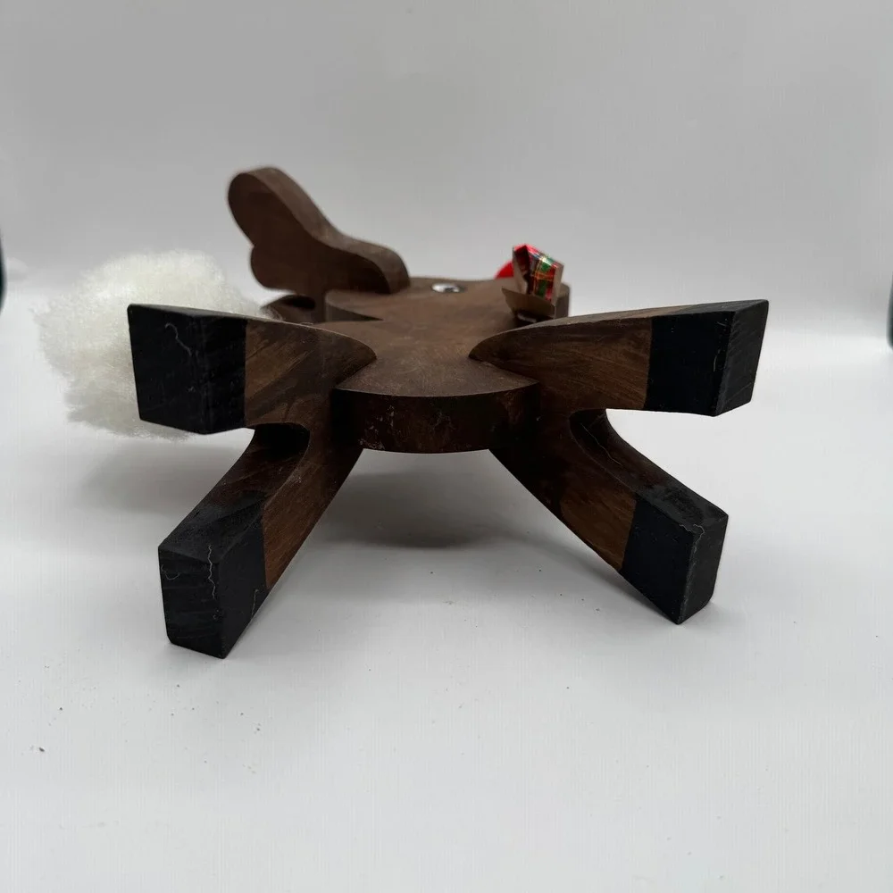Wooden Standing Reindeer Christmas Decor Small Brown Plaid Bow Folk Art